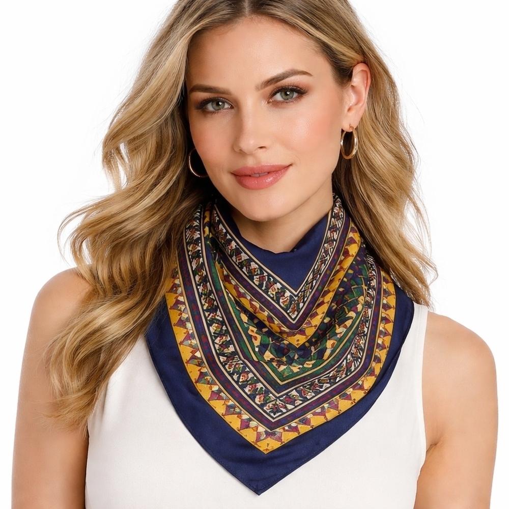 Vintage Totes  Scarf Geometric Southwest Print Navy Gold Square